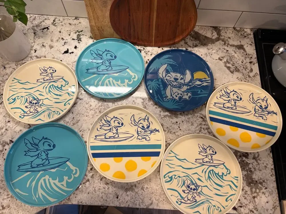 Disney Lilo & Stitch Melamine Plates Lot of 7 Preowned Surfing Designs ~9”
